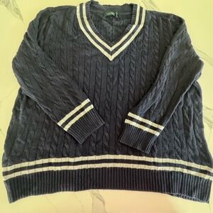 Ralph Lauren Navy Cable-Knit V-Neck Sweater with Silver thread Trim